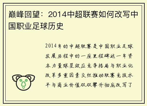 巅峰回望：2014中超联赛如何改写中国职业足球历史